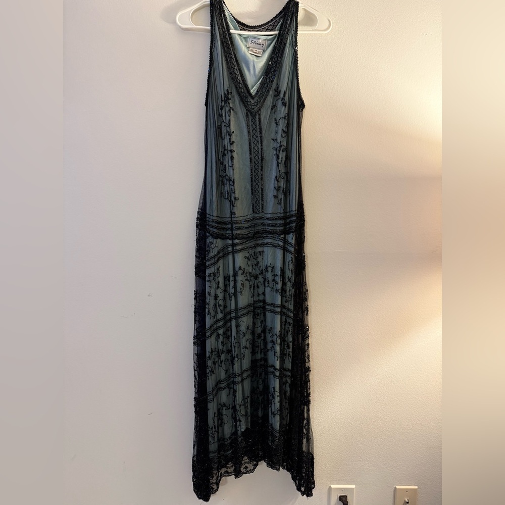 Stenay Handed Beaded Black and Blue Sleeveless Maxi Dress